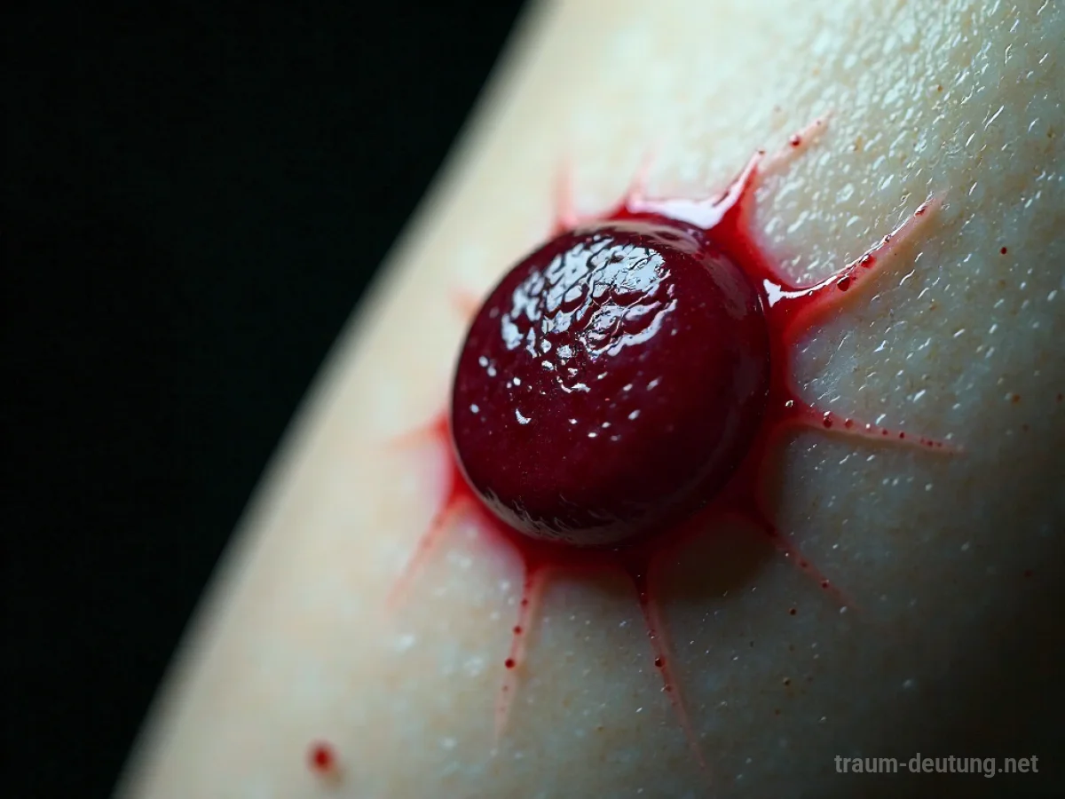Traumsymbol Geschwür: Ein detailliertes, fotorealistisches Bild eines entzündeten Geschwürs auf menschlicher Haut mit dramatischer Beleuchtung.