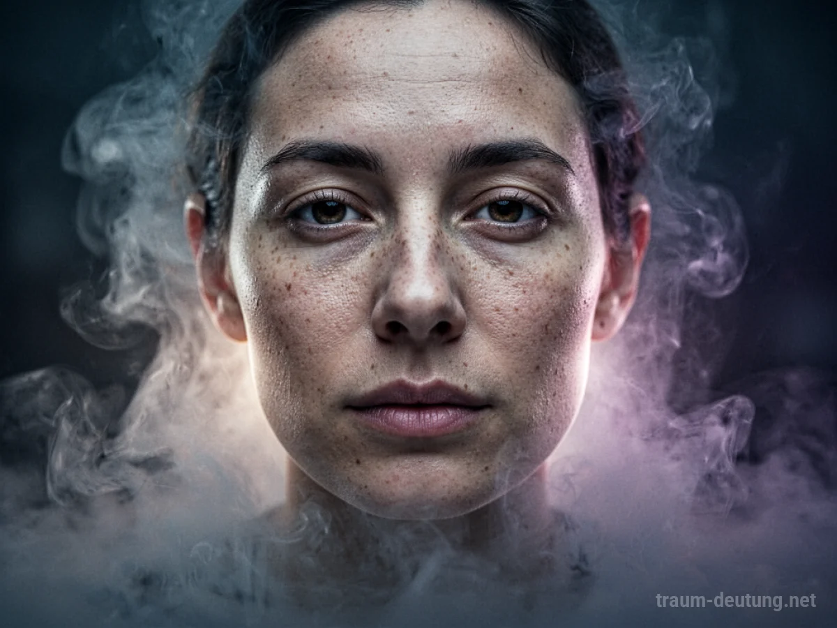 Traumsymbol Gesicht: Ein menschliches Gesicht tritt aus dichtem, ätherischem Nebel hervor, beleuchtet von sanftem Licht von hinten.