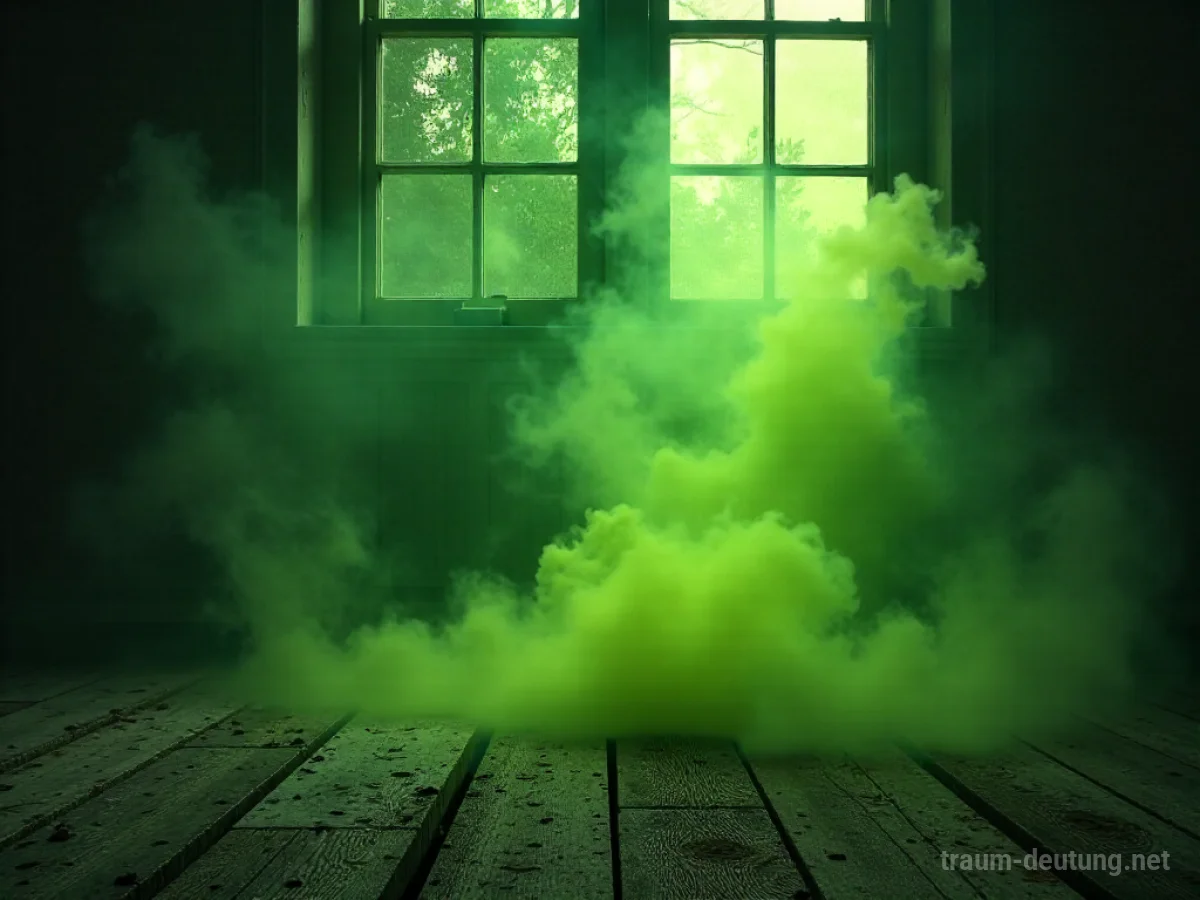 Traumsymbol Gestank: Eine dichte, übelriechende grüne Dampfwolke steigt aus dunklem Holz auf, in einem staubigen, mondbeschienenen Raum.