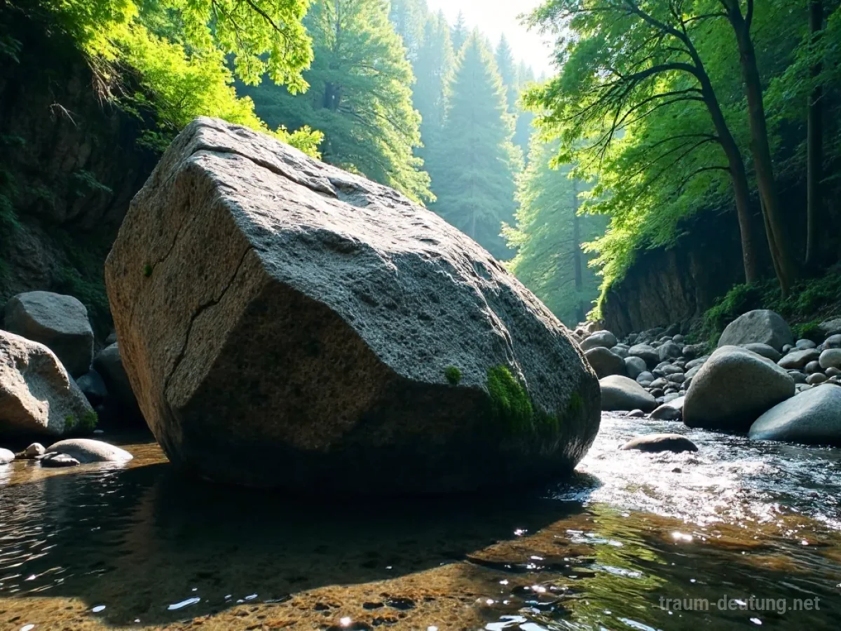 Traumsymbol Gestein: Ein massiver, verwitterter Granitfelsen liegt teilweise in einem klaren Bergbach. Sonnenlicht fällt durch das Blätterdach und wirft Schatten auf das Gestein.
