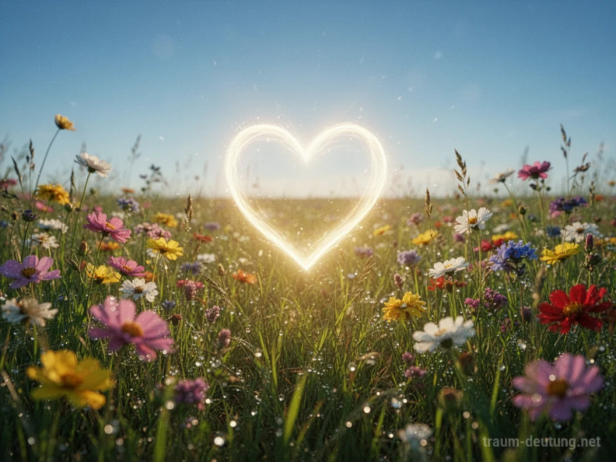 Traumsymbol Gesundheit: Ein leuchtendes Herz aus Licht schwebt über einer sonnenbeschienenen Blumenwiese voller Leben.