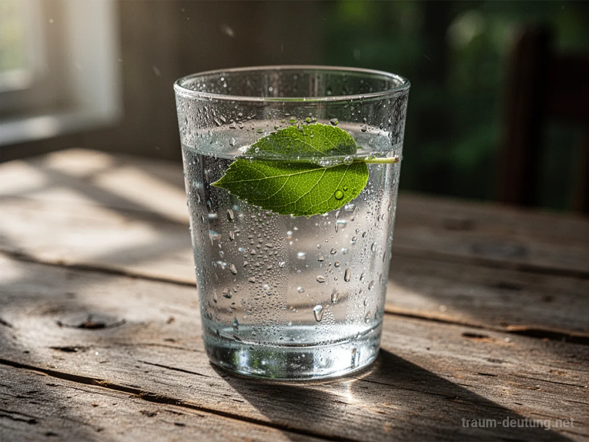 Traumsymbol Getränk: Ein Glas klares Wasser mit Kondensation steht auf einem Holztisch, beleuchtet von sanftem Sonnenlicht, mit einem grünen Blatt auf der Oberfläche.