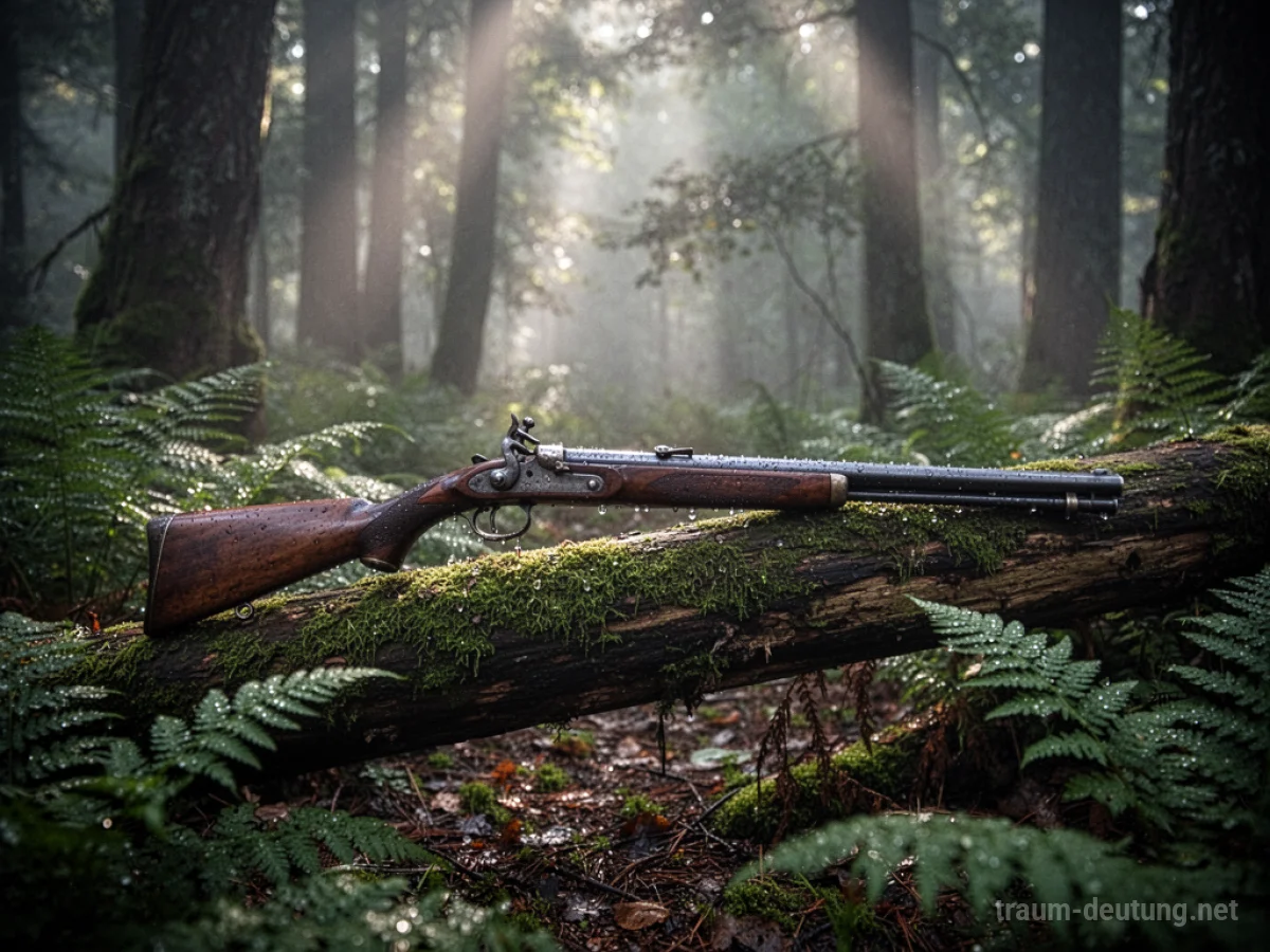 Traumdeutung Gewehr: Ein altes Jagdgewehr liegt auf einem moosbewachsenen Baumstamm in einem dichten, nebligen Wald, durch den Sonnenlicht fällt.