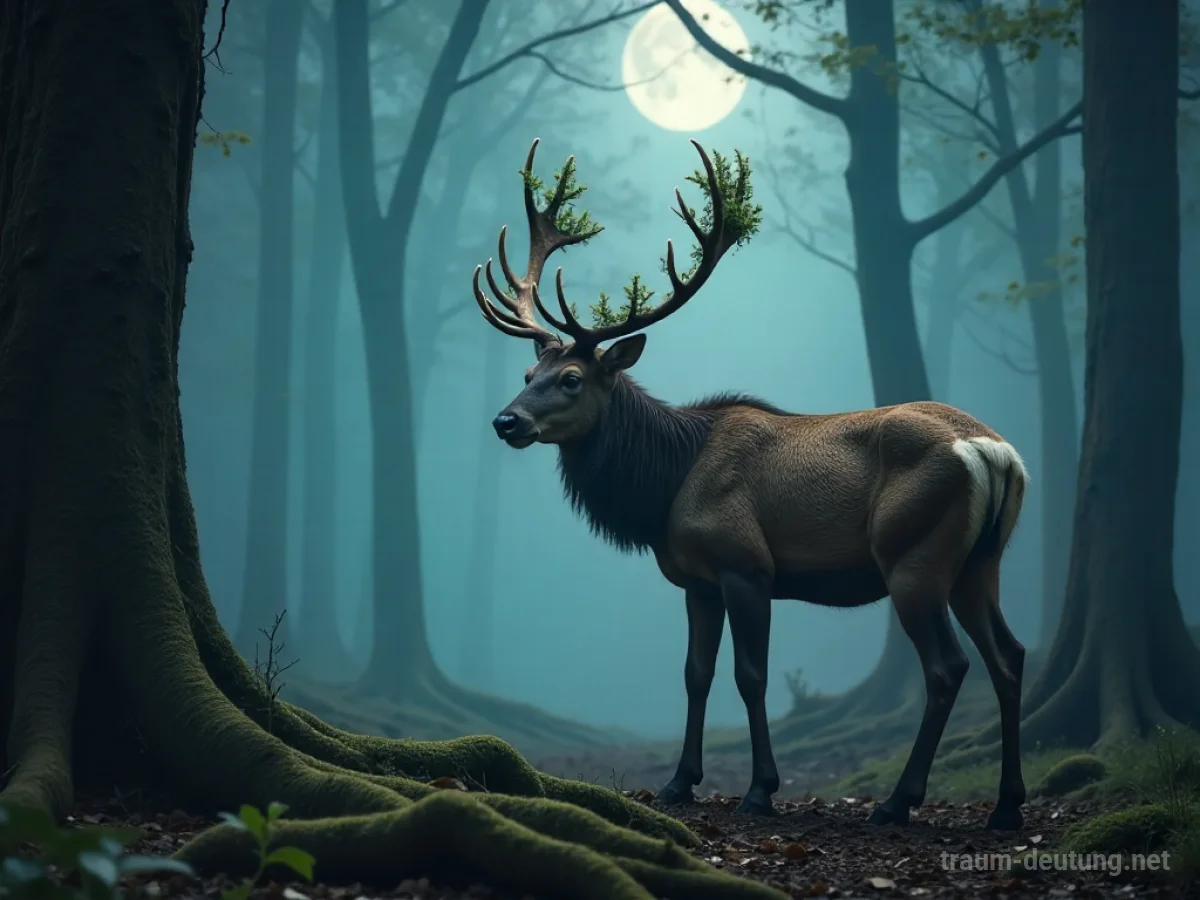 Traumsymbol Geweih: Ein majestätischer Hirsch mit einem imposanten Geweih steht in einer nebligen Waldlichtung im Mondlicht.