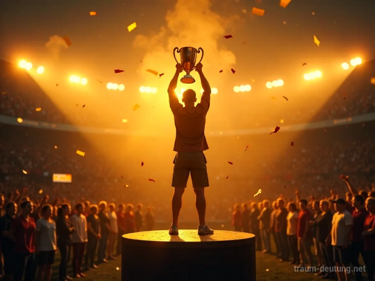 Traumsymbol Gewinner: Eine triumphierende Figur mit einer Trophäe steht auf einem Podium im Scheinwerferlicht, umgeben von jubelnden Menschenmassen.