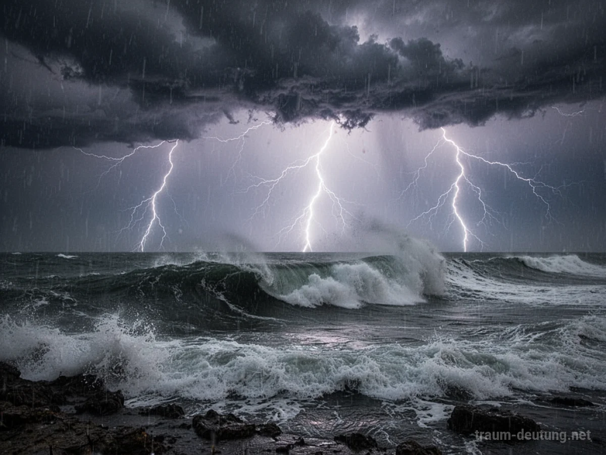 Traumsymbol Gewitter: Ein heftiges Gewitter tobt über einem dunklen, aufgewühlten Meer mit zuckenden Blitzen und peitschendem Regen.