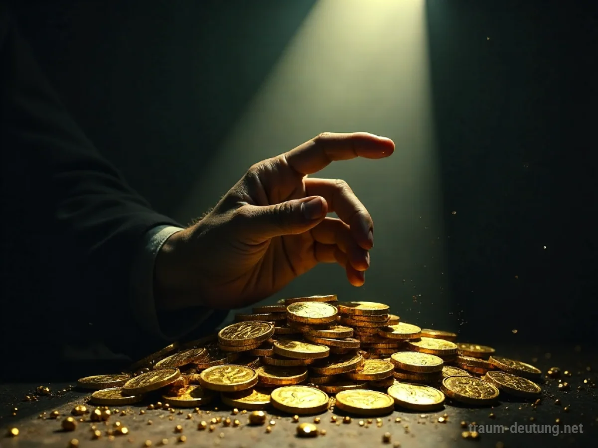 Traumsymbol Gier: Eine knorrige Hand umklammert gierig einen Haufen glitzernder Goldmünzen in einer düsteren Höhle.