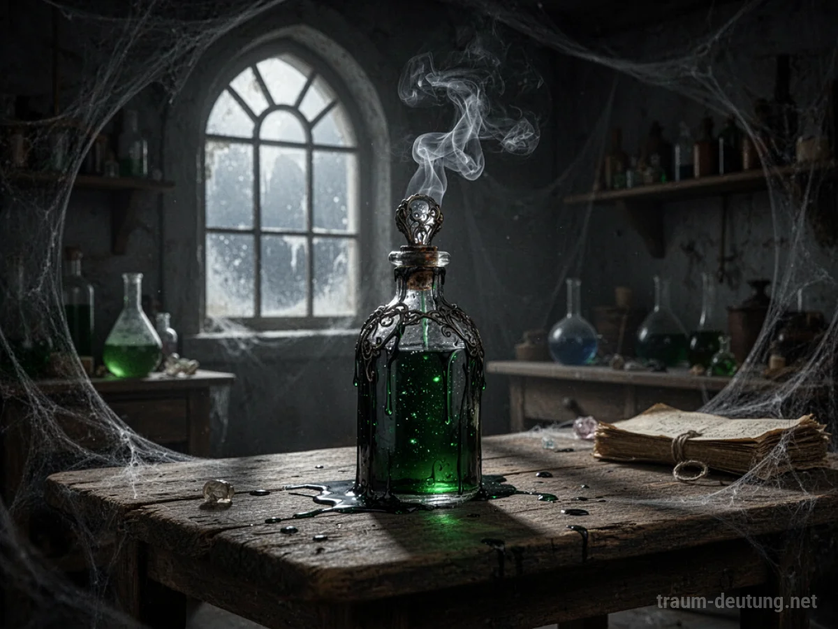 Traumsymbol Gift: Eine antike Glasphiole mit einer dunklen, smaragdgrün schimmernden Flüssigkeit steht auf einem rustikalen Holztisch in einem düsteren Alchemielabor, beleuchtet von spärlichem Mondlicht.