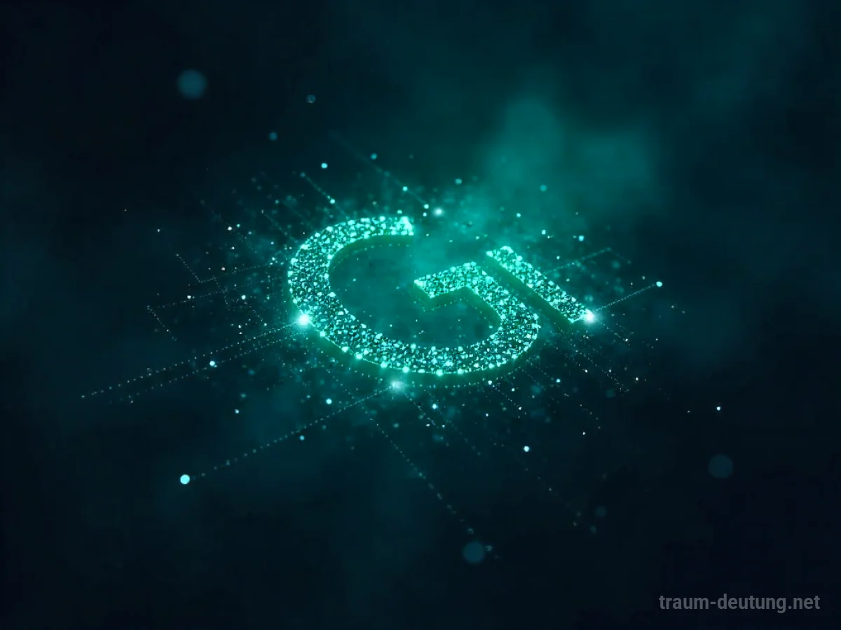 Traumsymbol Gigabyte: Ein leuchtendes Gigabyte-Symbol aus Datenströmen schwebt in einer dunklen digitalen Leere, umgeben von fallendem Code und digitalem Nebel.
