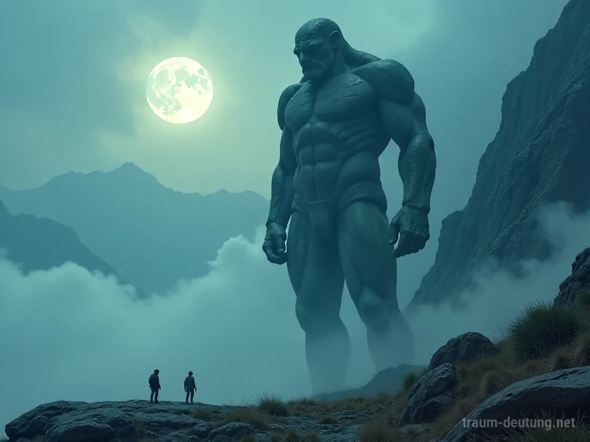 Traumdeutung Gigant: Ein riesiger, alter Steingigant steht einsam in einer nebelverhangenen Berglandschaft unter Mondlicht.