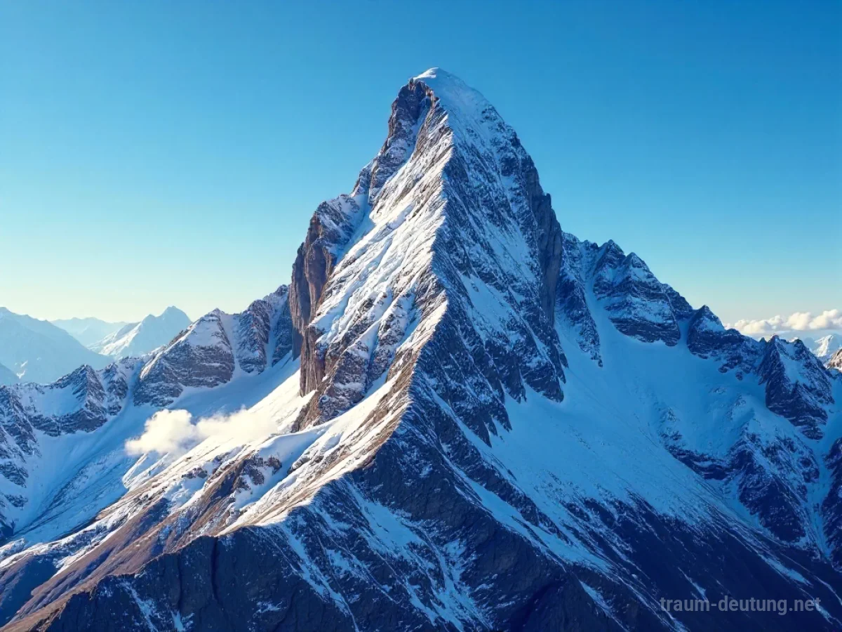 Traumsymbol Gipfel: Ein einsamer, schneebedeckter Berggipfel ragt in einen klaren, tiefblauen Himmel, beleuchtet von goldenem Sonnenlicht.