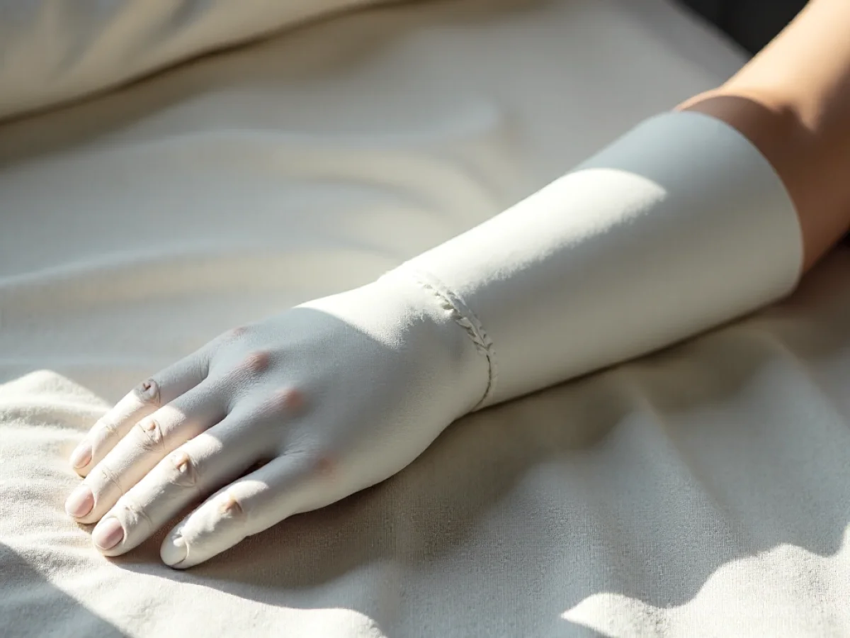 Traumsymbol Gips: Ein makelloser weißer Gipsverband bedeckt einen Unterarm, der auf weichem Stoff liegt, beleuchtet von sanftem Studiolicht.
