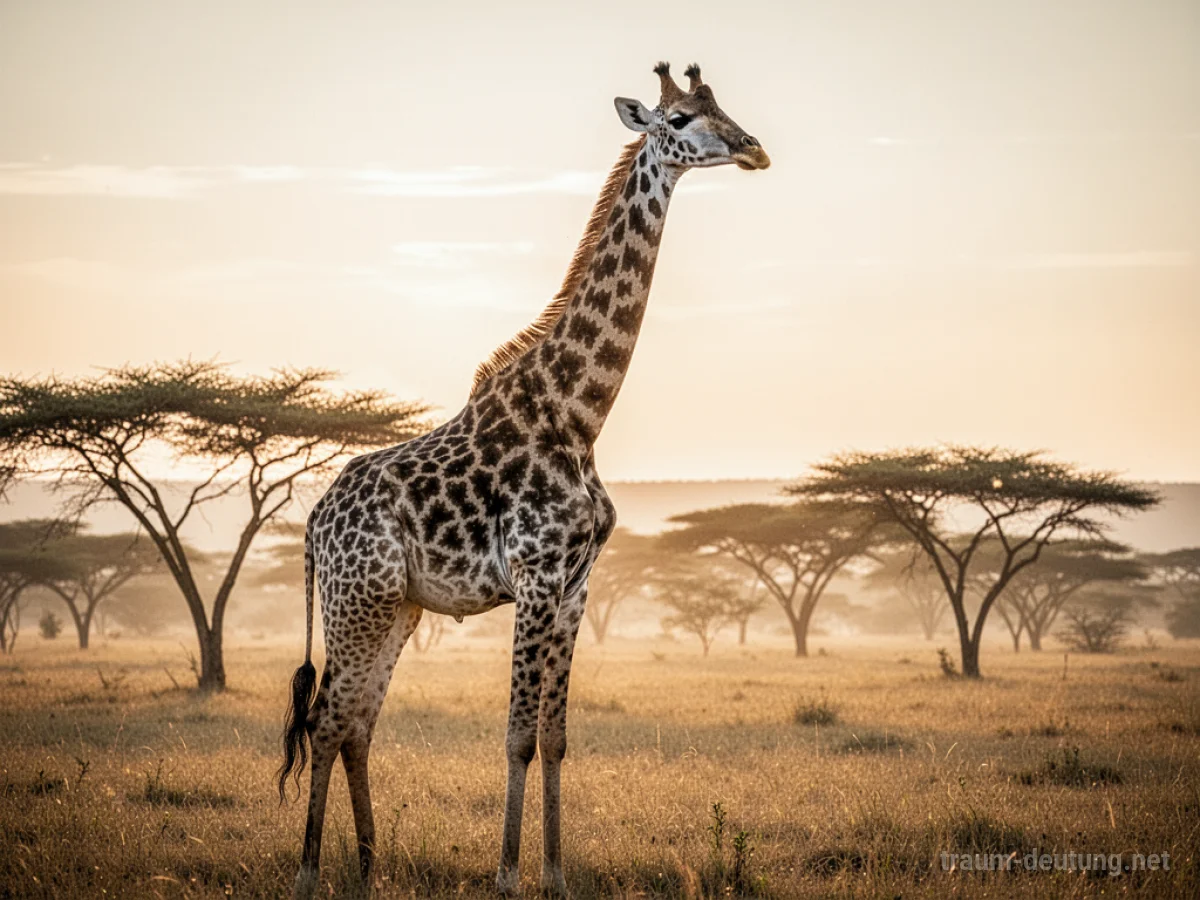 Traumsymbol Giraffe: Eine majestätische Giraffe steht in einer ruhigen Savannenlandschaft während der goldenen Stunde, mit langen Schatten und zarten Akazienbäumen im Hintergrund.