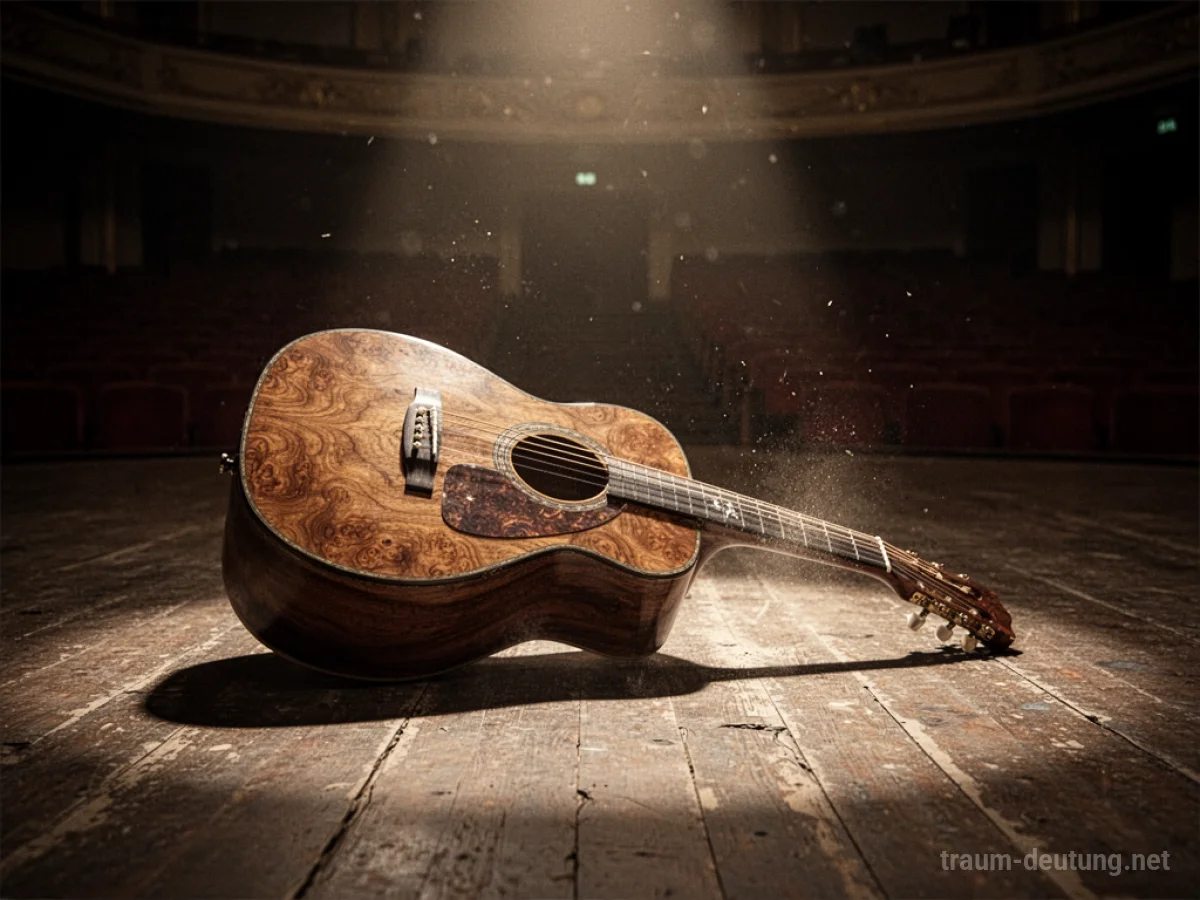 Traumsymbol Gitarre: Eine Akustikgitarre ruht auf einem alten Holzboden im Scheinwerferlicht, umgeben von Dunkelheit.