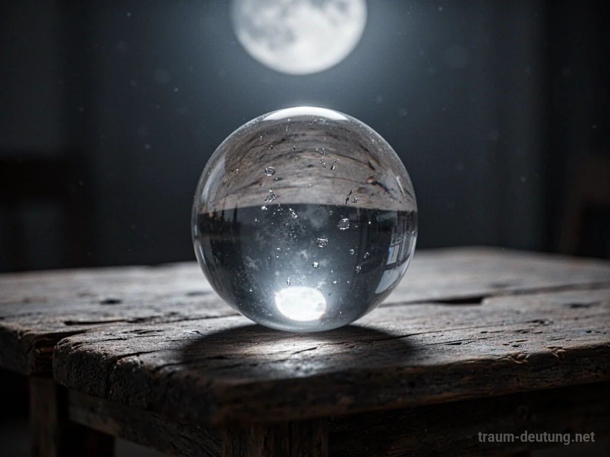 Traumsymbol Glas: Eine einzelne, klare Glaskugel ruht auf einem rustikalen Holztisch, beleuchtet von sanftem Mondlicht, das ihre Zerbrechlichkeit und Transparenz hervorhebt.