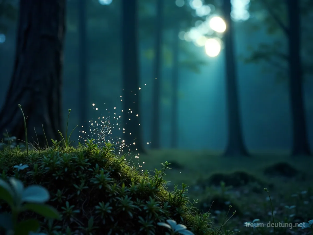 Traumsymbol Glimmer: Ein feiner, ätherischer Schimmer geht von winzigen, schillernden Partikeln in einer dunklen Waldlichtung aus, beleuchtet von sanftem Mondlicht.