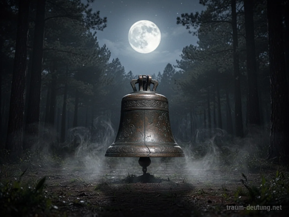 Traumsymbol Glocke: Eine alte, bronzene Glocke steht allein in einer mondbeschienenen Waldlichtung, umgeben von feinem Nebel und dunklen Bäumen.