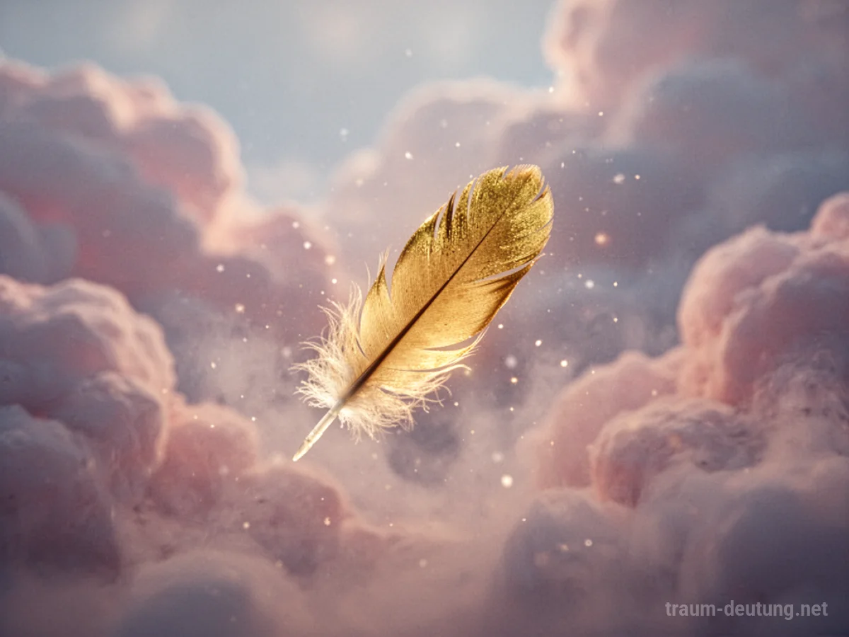 Traumsymbol Glück: Eine einzelne, leuchtende goldene Feder schwebt sanft durch einen ätherischen Nebel vor einem Hintergrund aus pastellfarbenen Wolken.