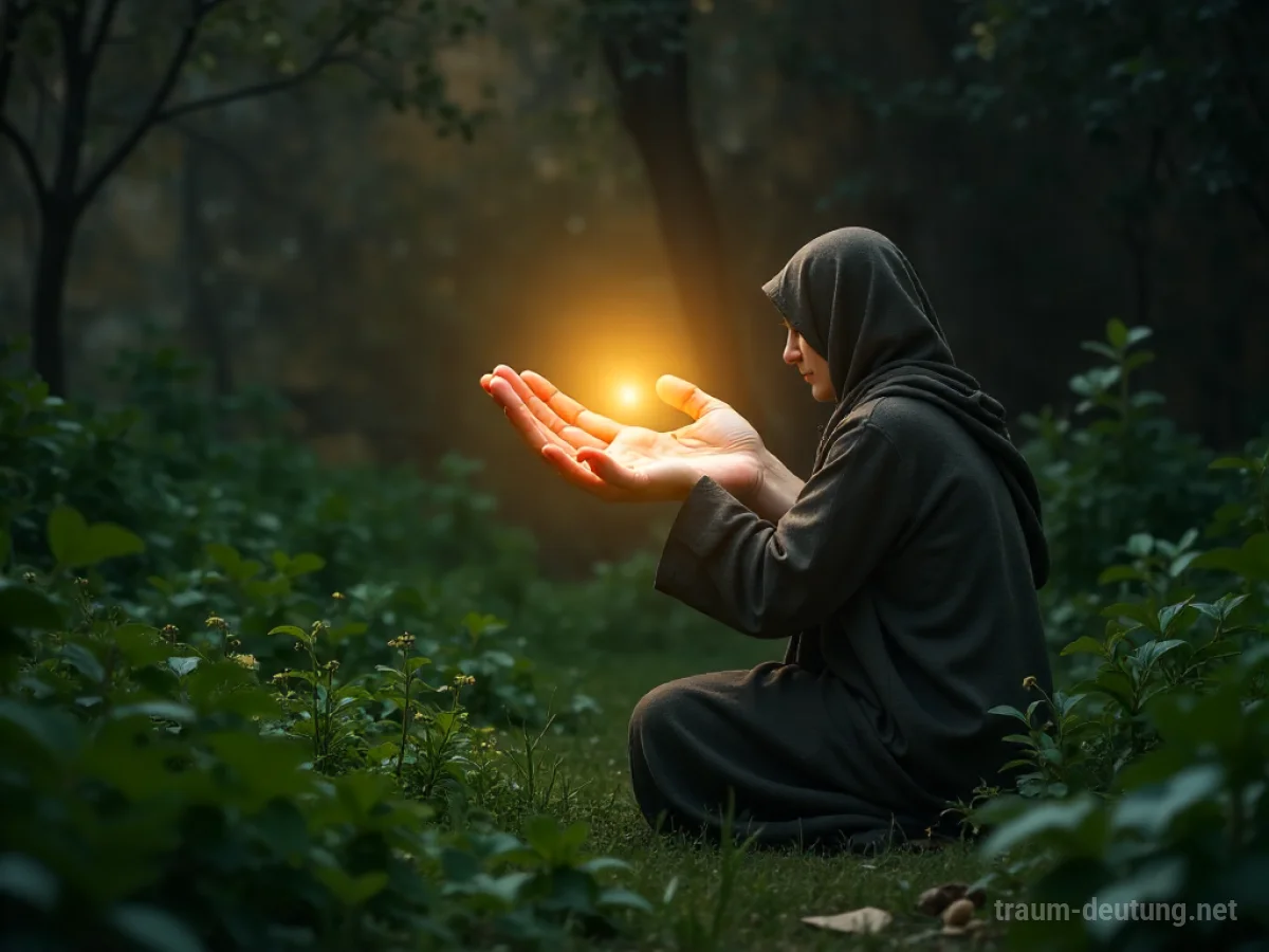 Traumsymbol Gnade: Ein sanftes, goldenes Licht strahlt von einer schwebenden Hand auf eine kniende Person in einem friedlichen, dunklen Garten.