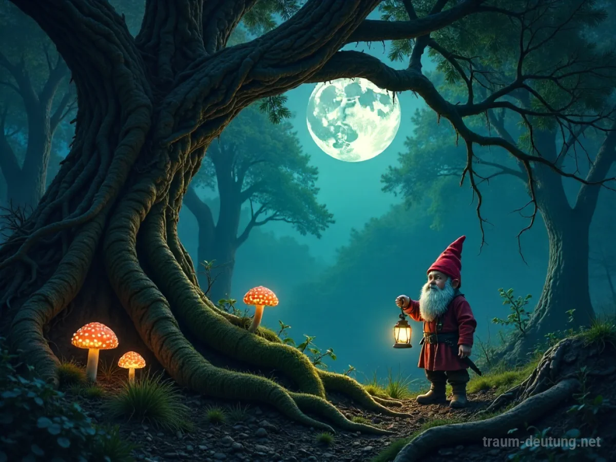 Traumsymbol Gnom: Ein einsamer Gnom mit roter Mütze und weißem Bart steht in einem moosbewachsenen Waldlichtung, beleuchtet von Mondlicht und einer kleinen Laterne.