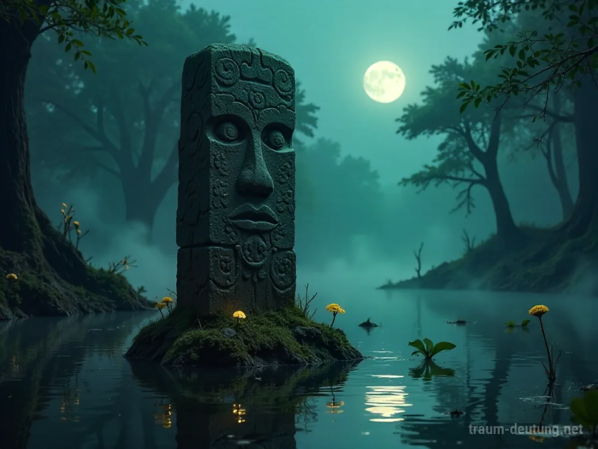 Traumsymbol Götze: Eine alte Steinstatue ragt aus nebelverhangenem, mondbeschienenem Sumpfwasser, bedeckt mit verwitterten Schnitzereien.
