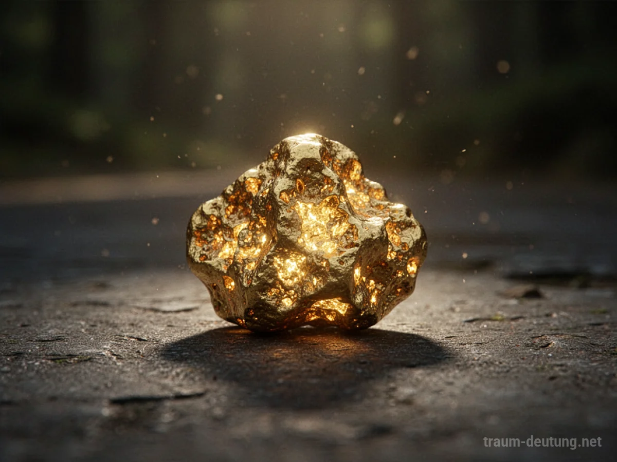 Traumsymbol Gold: Ein einzelner, perfekt geformter Goldklumpen ruht auf dunklem Untergrund, beleuchtet von seinem eigenen warmen Licht.