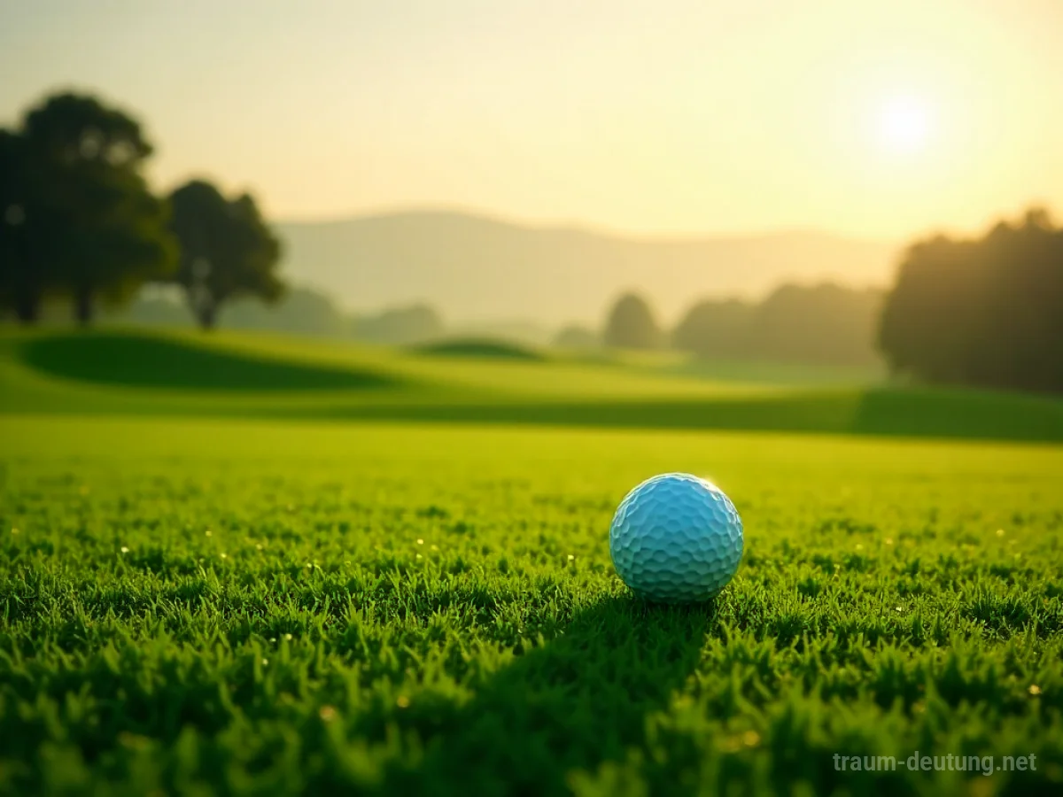 Traumdeutung Golf: Ein einzelner Golfball liegt auf einem taufrischen, smaragdgrünen Fairway im sanften Licht der Morgensonne, umgeben von einem gepflegten Golfplatz.