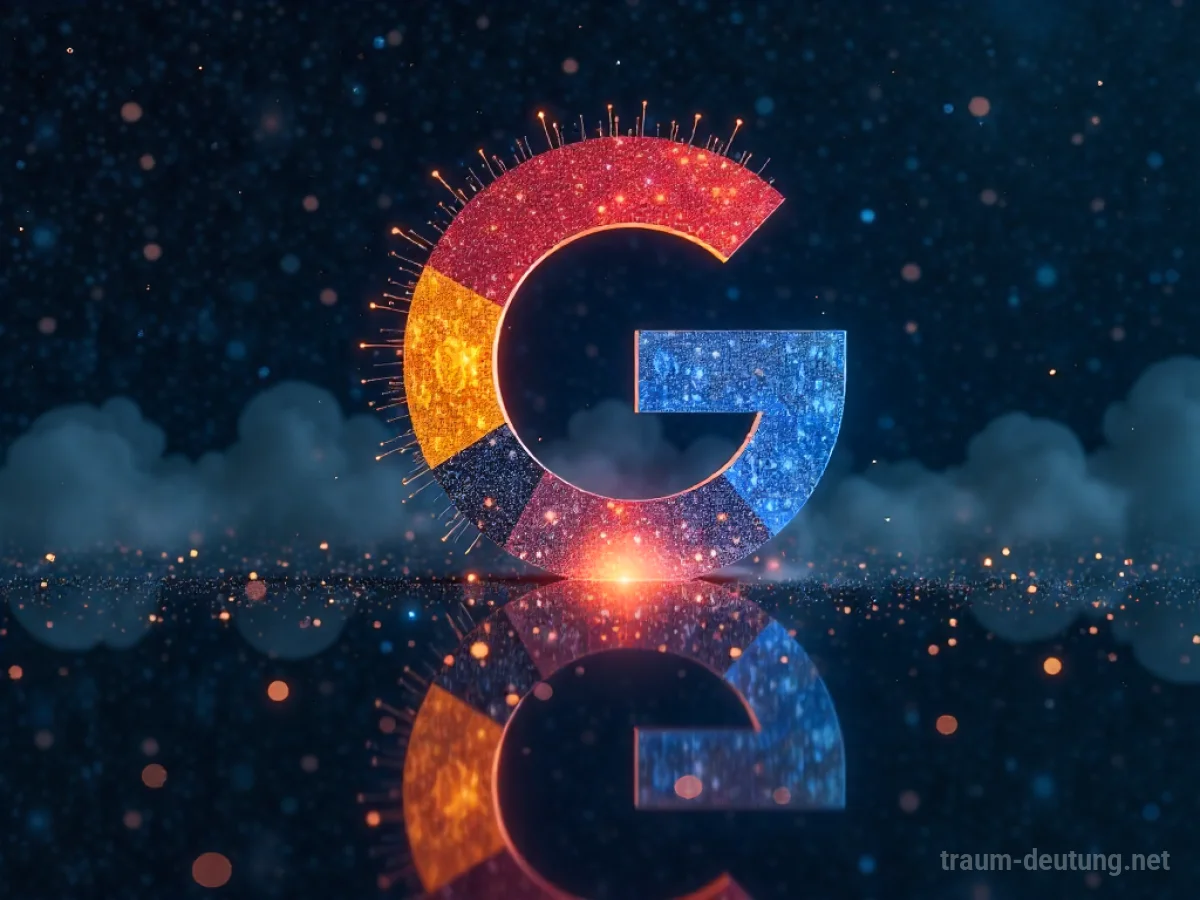 Traumsymbol Google: Ein leuchtendes 'G' aus Datenströmen schwebt über einer dunklen, spiegelnden Oberfläche, die den Kosmos reflektiert.