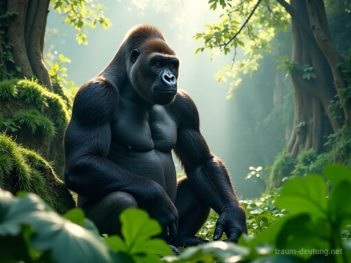 Traumsymbol Gorilla: Ein majestätischer Silberrücken-Gorilla sitzt ruhig in einem nebligen, alten Regenwald, während Sonnenlicht durch das Blätterdach fällt.