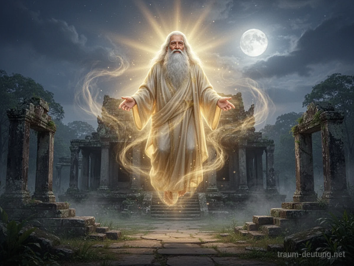 Traumsymbol Gott: Eine majestätische, ätherische Figur mit sanftem goldenem Licht schwebt über einer antiken Tempelruine im Mondlicht.