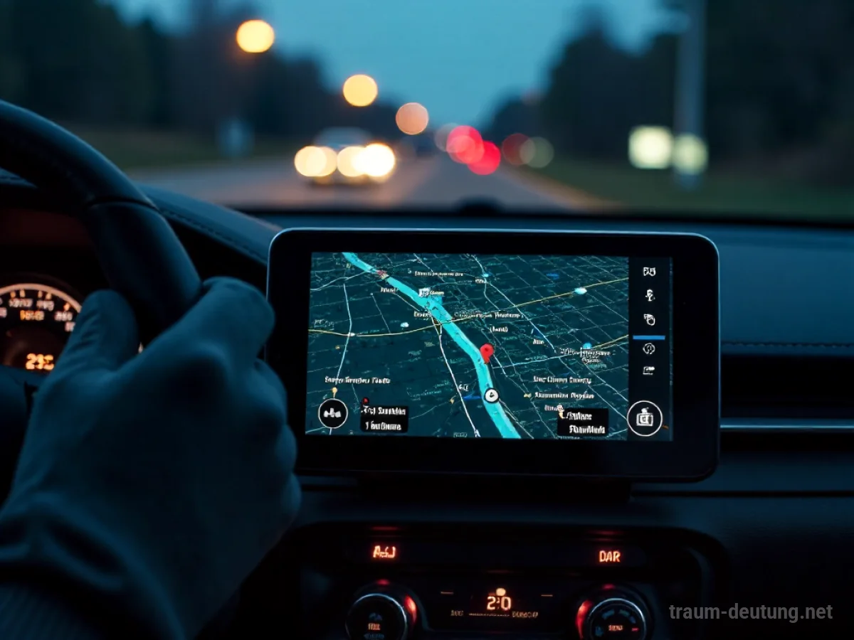 Traumdeutung GPS: Ein modernes GPS-Gerät mit leuchtender Karte auf einem dunklen Armaturenbrett, das Orientierung im Traum symbolisiert.