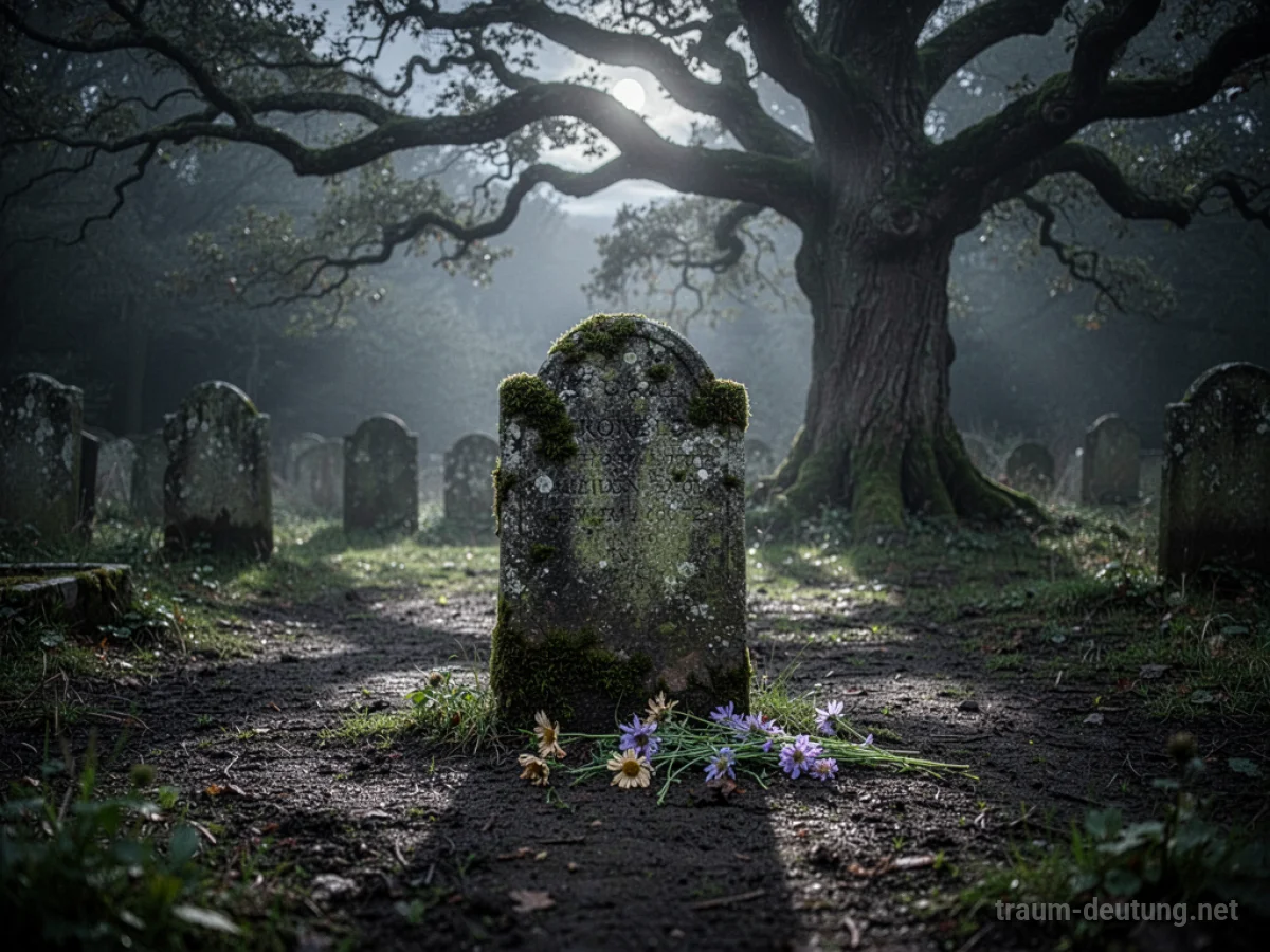 Traumsymbol Grab: Ein verwitterter Grabstein mit Moosbewuchs steht in einem unheimlich beleuchteten, verwilderten Friedhof im Mondlicht.