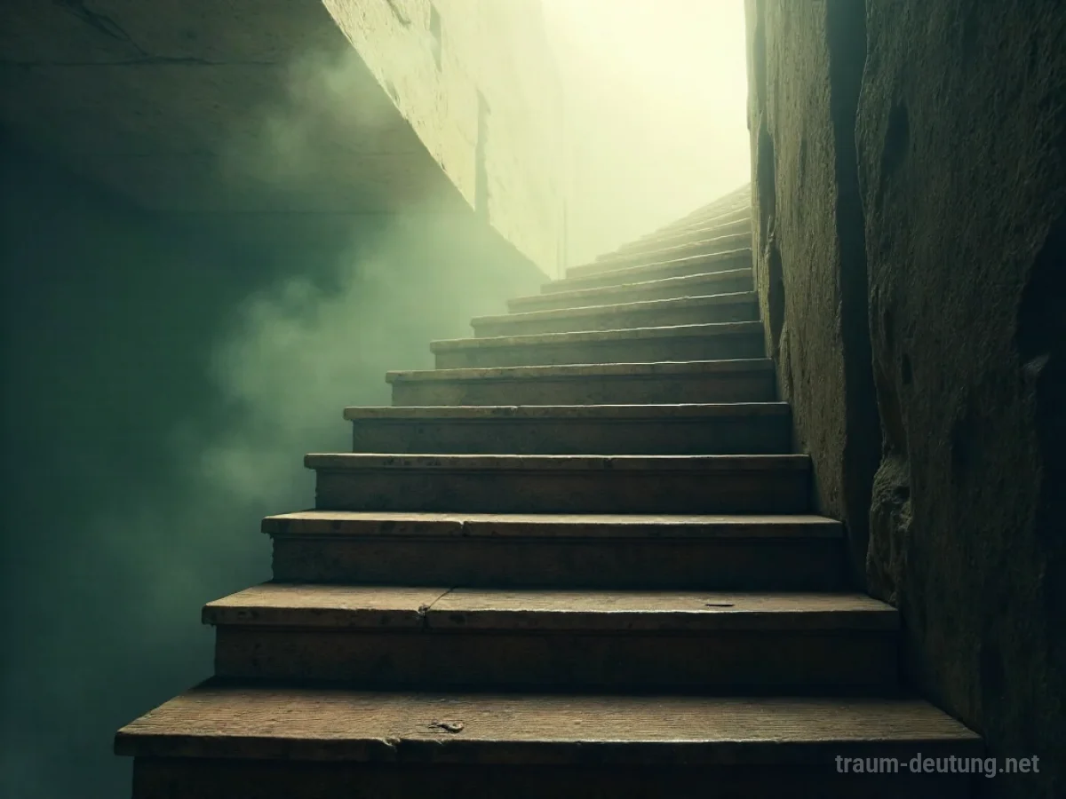 Traumsymbol Grad: Eine alte Holztreppe steigt in dichten, mysteriösen Nebel auf, beleuchtet von sanftem Licht.