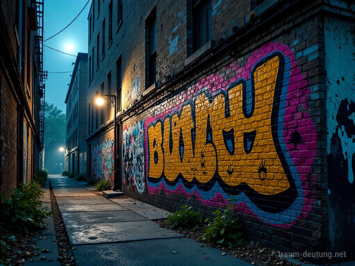 Traumsymbol Graffiti: Eine detailreiche, farbenfrohe Graffiti-Wand bedeckt eine alte Ziegelsteinfassade in einer dunklen Gasse, beleuchtet vom Mondlicht und einer einzelnen Straßenlaterne.