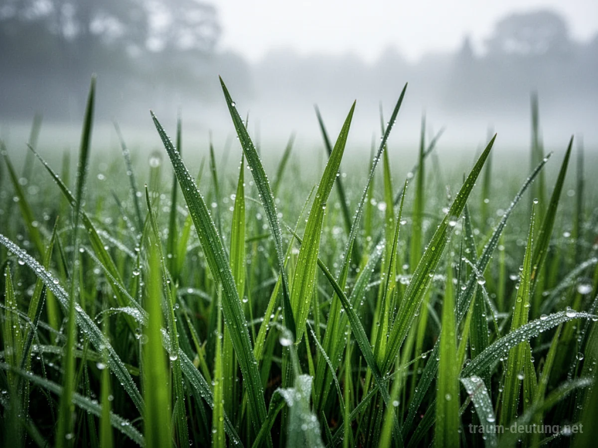 Traumsymbol Gras: Detailaufnahme von saftigen, grünen Grashalmen mit Tautropfen im diffusen Morgenlicht.