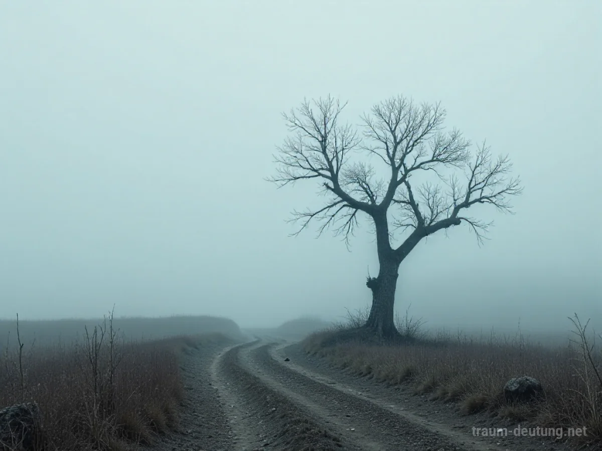 Traumsymbol Grau: Eine nebelverhangene, graue Landschaft mit einem kahlen Baum unter einem bedeckten Himmel, die emotionale Distanz und Unentschlossenheit symbolisiert.