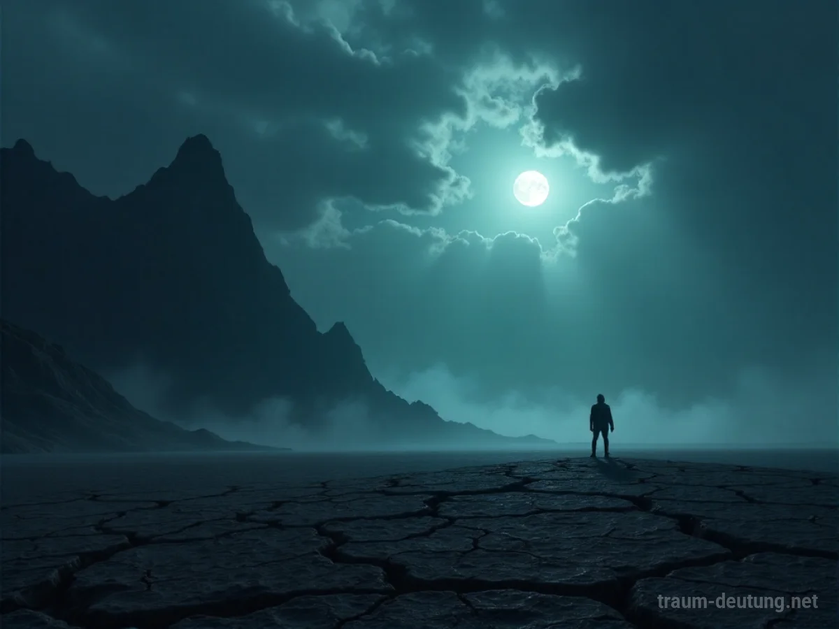 Traumsymbol Grauen: Eine einsame Gestalt steht am Rande einer kargen Landschaft unter einem dunklen Himmel, während Nebelschwaden aufsteigen.