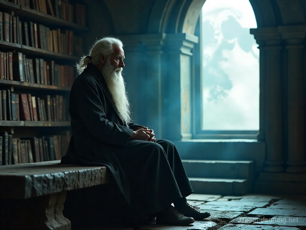 Traumsymbol Greis: Ein weiser, alter Mann mit langem Bart sitzt nachdenklich in einer mondbeschienenen Bibliothek voller alter Bücher.