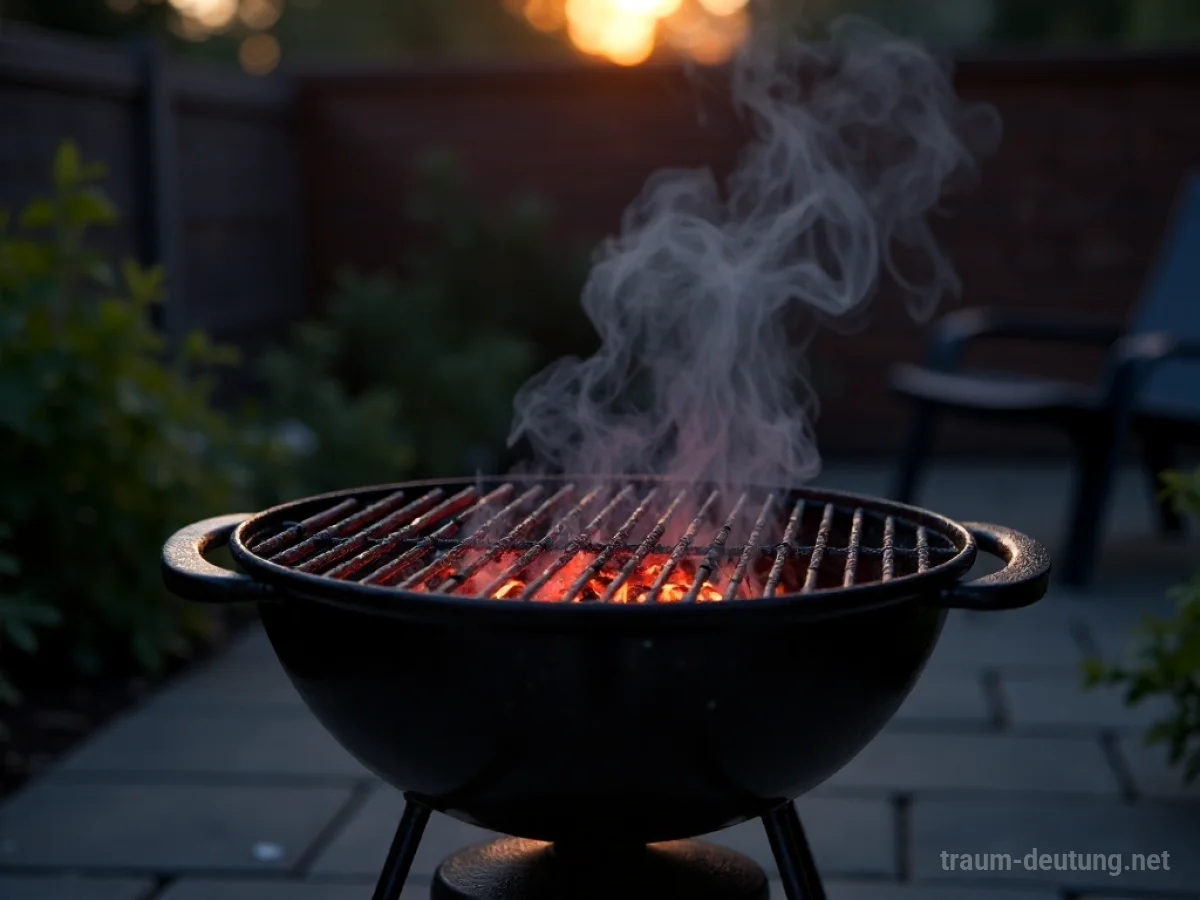 Traumsymbol Grill: Ein glühender Holzkohlegrill mit aufsteigendem Rauch im Zwielicht eines dunklen Hinterhofs, warme Glut wirft lange Schatten.