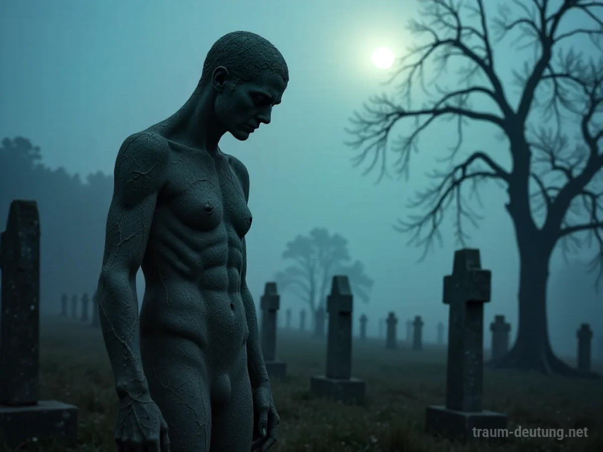 Traumsymbol Groll: Eine verwitterte Steinstatue mit Rissen steht auf einem nebelverhangenen Friedhof im Zwielicht, ihr Gesichtsausdruck zeigt tiefen Groll.