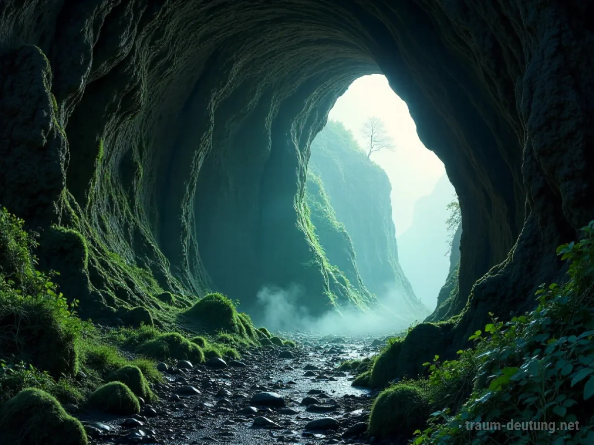 Traumsymbol Grotte: Eine dunkle, moosbewachsene Höhle, in die mystisches Mondlicht einfällt und feuchte Felsformationen beleuchtet.