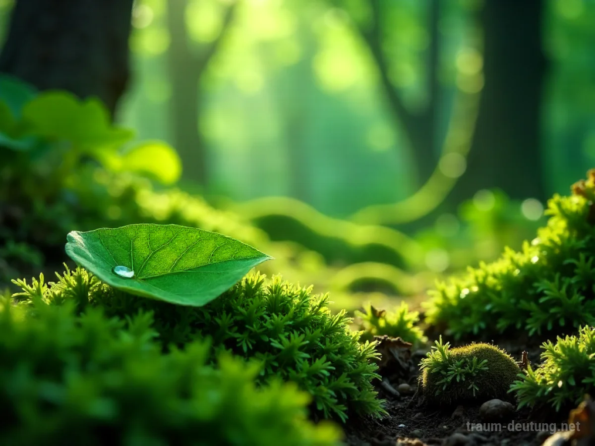 Traumsymbol Grün: Ein sonnendurchfluteter, grüner Wald mit Moos, Farnen und glitzernden Tautropfen auf Blättern.