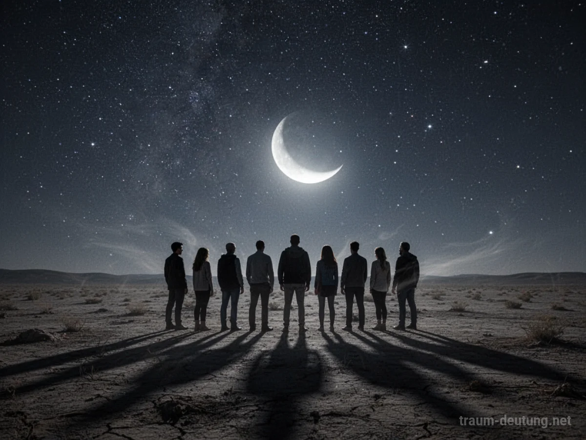 Traumdeutung Gruppe: Silhouetten einer vielfältigen Gruppe stehen unter einem Sternenhimmel auf einer einsamen Ebene unter Mondlicht.