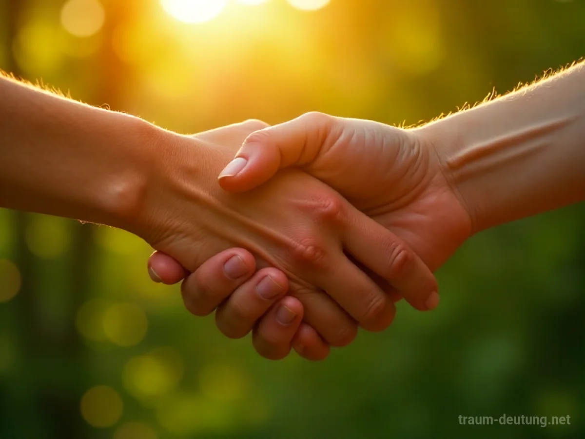 Traumsymbol Gruß: Zwei Hände treffen sich in einem sanften Handschlag, beleuchtet von warmem Sonnenlicht, das durch grünes Laub fällt.