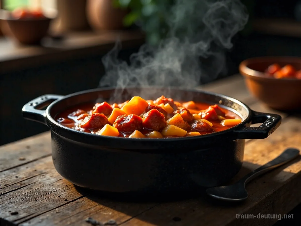 Traumsymbol Gulasch: Ein dampfender, herzhafter Gulascheintopf in einem rustikalen Gusseisentopf auf einem alten Holztisch, beleuchtet von warmem, gedämpftem Licht.