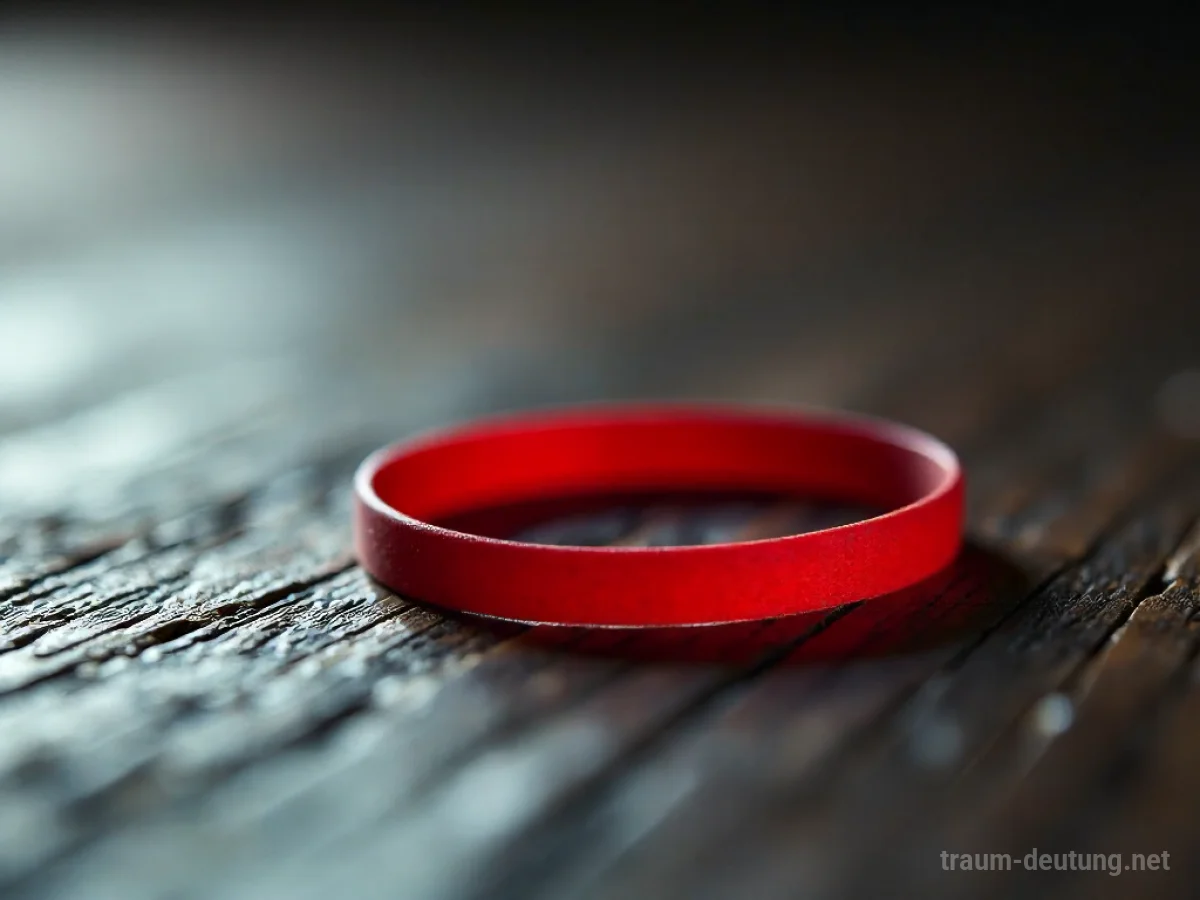 Traumsymbol Gummi: Ein rotes Gummiband liegt auf dunklem Holz, beleuchtet von sanftem Seitenlicht, das die Textur hervorhebt.