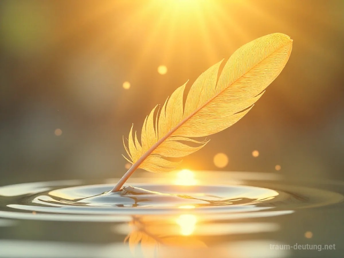 Traumsymbol Gunst: Eine strahlende, goldene Feder schwebt sanft herab und reflektiert warmes Licht auf einer ruhigen Wasseroberfläche.