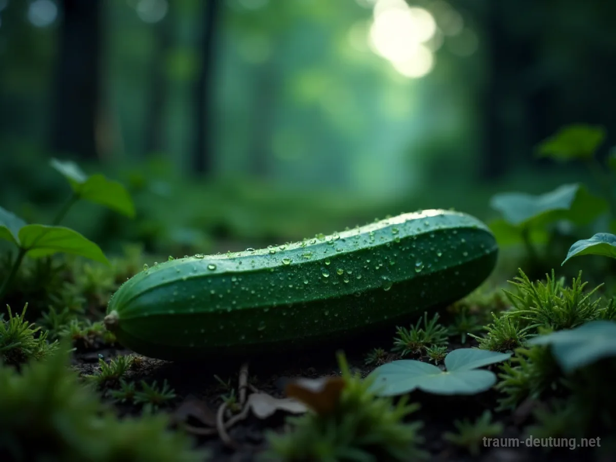 Traumsymbol Gurke: Eine reife Gurke liegt auf einem dunklen, feuchten Waldboden im sanften Mondlicht.