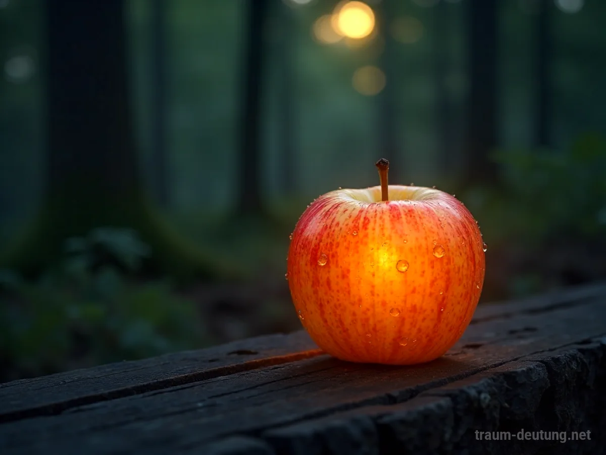 Traumsymbol Gut: Ein leuchtender goldener Apfel ruht auf dunklem Holz im sanften Licht des Zwielichts.