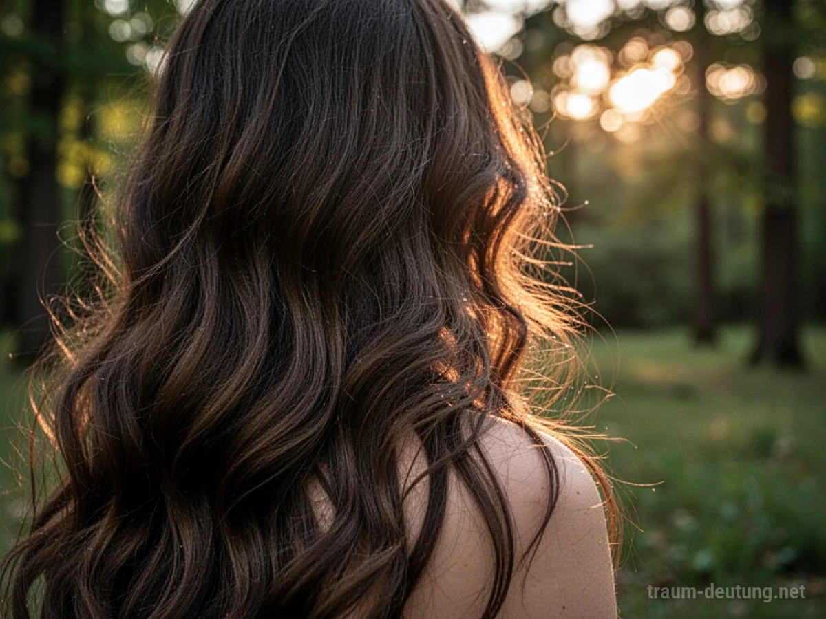 Traumsymbol Haar: Lange, dunkle Haare fließen über eine Schulter im sanften Licht der untergehenden Sonne vor einem verschwommenen Wald.
